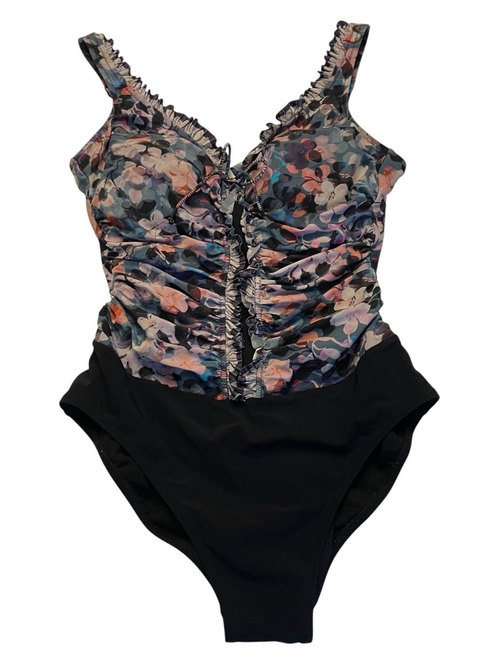 Profile By Gottex Flora Ruched Black & Floral Lace Up One Piece Swimsuit sz 8